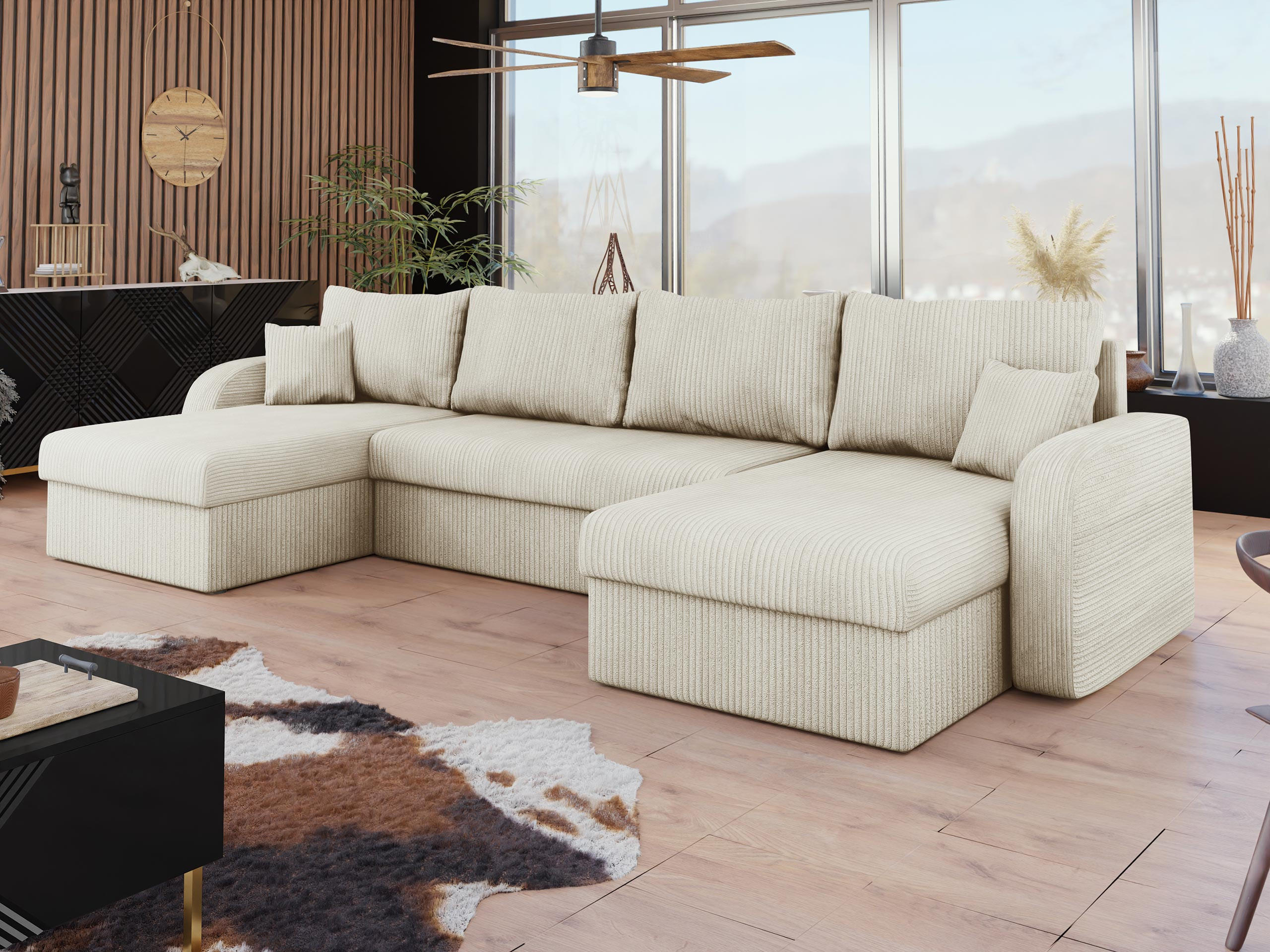 ECKSOFA Kris U Cord - Beige/Schwarz, Holz/Kunststoff (304/80/140cm) - MIRJAN24