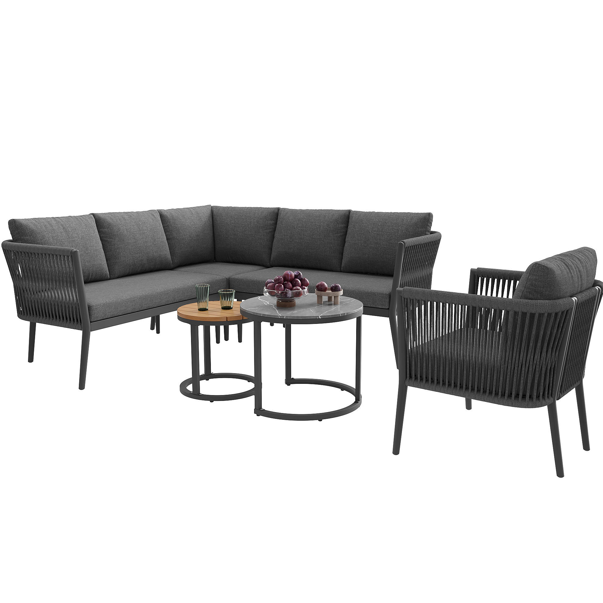 LOUNGEGARNITUR Grau aus Metall und Olefin 6er Set - Grau, Metall - OKMYHOME