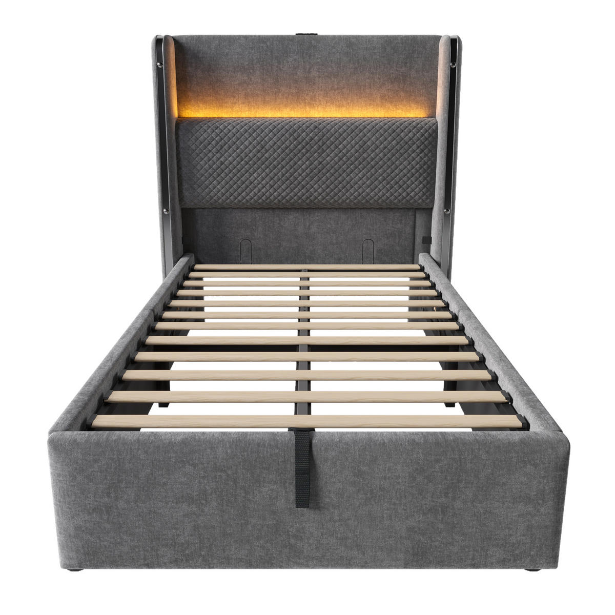 BETT 90/200 cm Grau mit hohem Kopfteil LED-Beleuchtung und Stauraum - Grau, Textil (90/200cm) - OKWISH