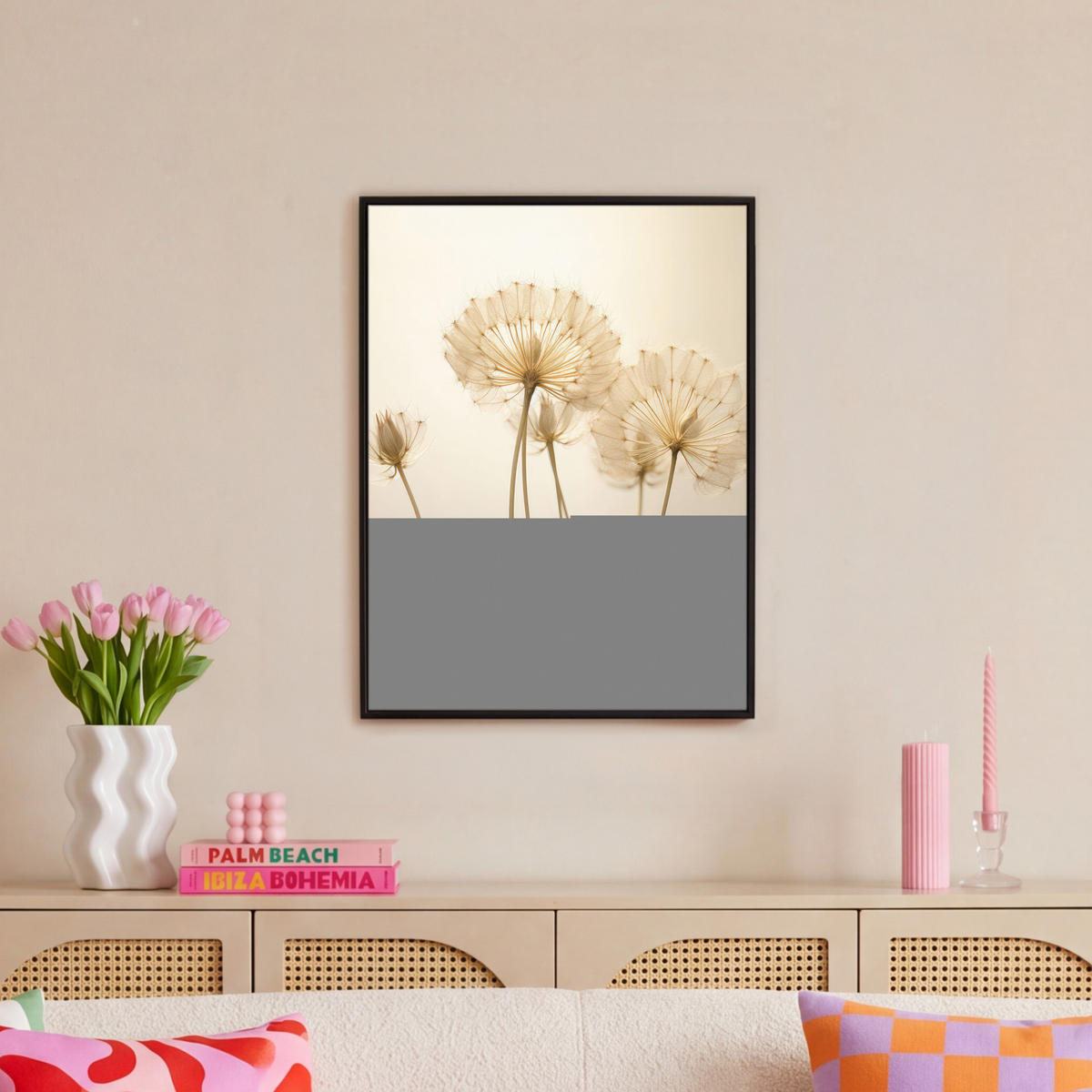 LEINWAND Bilder mit Rahmen - Sonnenlicht - Löwenzahn - Botanisch - Blumen - 60x80 - Creme, Textil (60/80cm) - MuchoWow