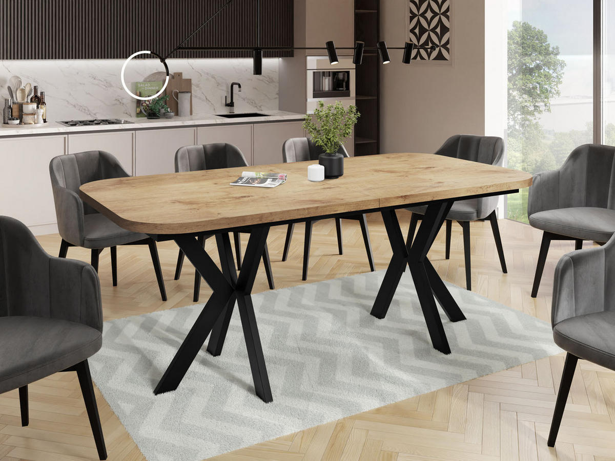 ESSTISCH Olivia ausziehbar rechteckig, Lancelot Eiche 200-280/100/76 - Eichefarben/Schwarz, Holzwerkstoff/Metall (200/100/76cm) - WFL GROUP