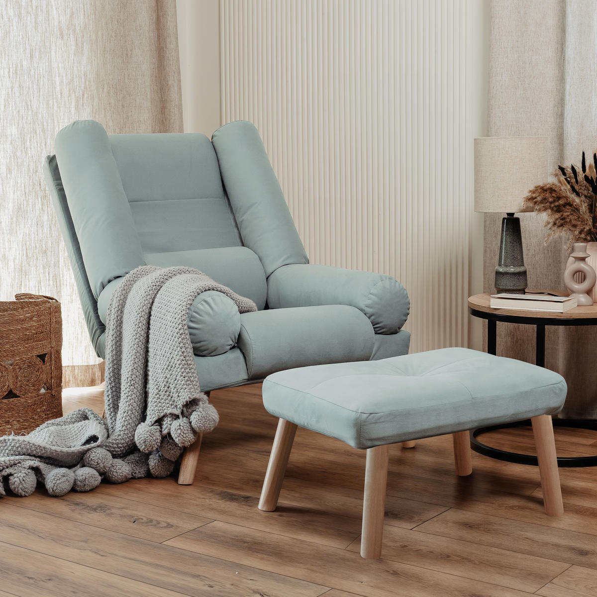 RELAXSESSEL LILA mit hocker, 75/75/100 cm, Blau - Blau, Holz/Textil (75/100/75cm) - Idohome