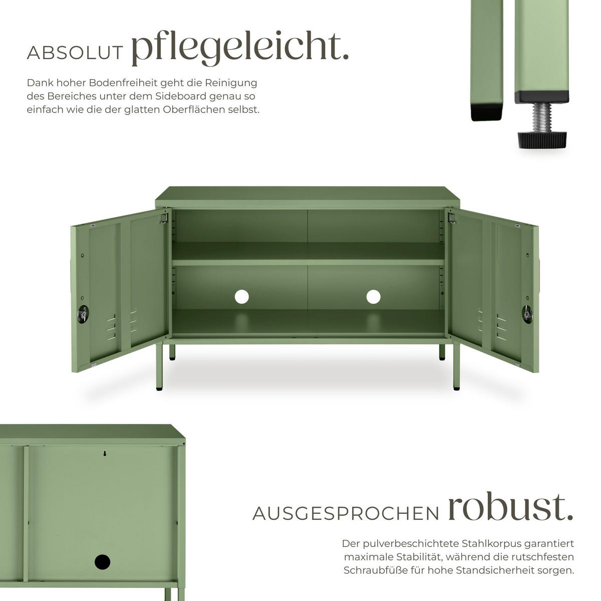 SIDEBOARD Baker, Kippschutz, höhenverstellbare Füße, salbeigrün - Salbeigrün, Metall (100/65/42.5cm) - tectake