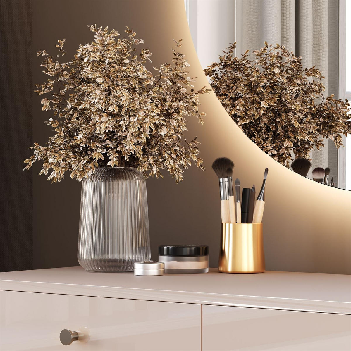 SCHMINKTISCH Blanco Glamour auf verchromtem Gestell mit LED-Spiegel silberner Griff - Kaschmir/Silberfarben, Holzwerkstoff (100/81/42cm) - Lookway