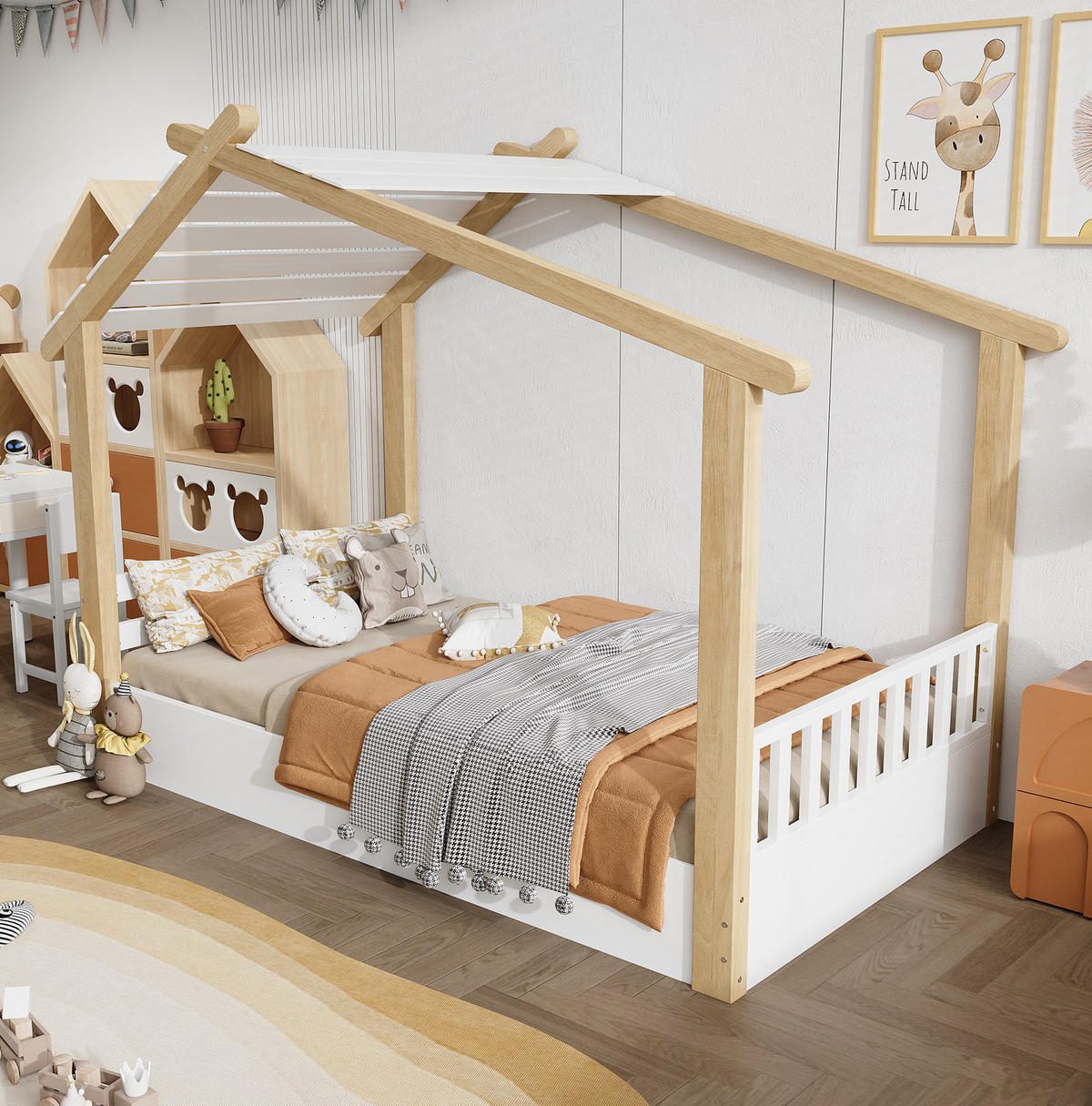 KINDERBETT 90/200 cm mit Lattenrost im Hausdesign aus Kiefer und MDF, Weiß/Natur - Weiß, Holz (90/200cm) - Redom