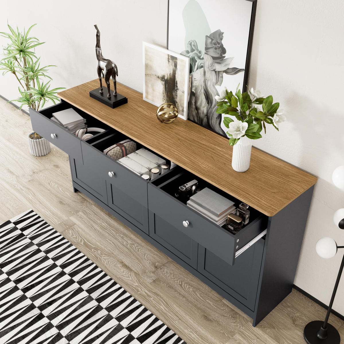SIDEBOARD in Grau Kommode mit Holzmaserung, 4 Türen und 3 Schubladen für Wohnzimmer und Esszimmer, B160/T37/H75cm - Schwarz/Grau, Holzwerkstoff/Metall (160/75/37cm) - STILVORA