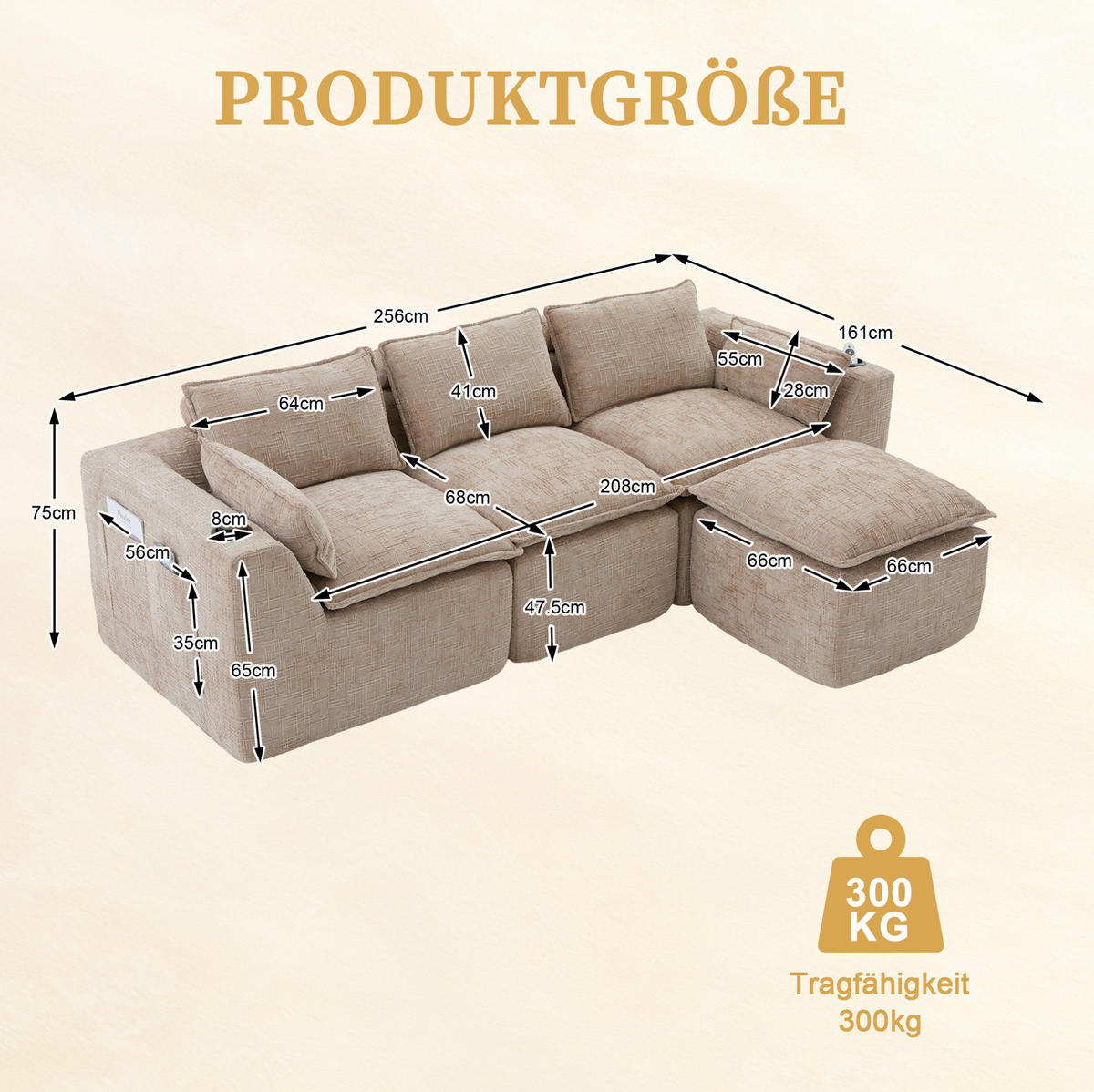 SOFA modular 3-Sitzer mit Fußhocker 256 x 161 cm Chenille Khaki - Braun, Holzwerkstoff (161/256cm) - Meubliv