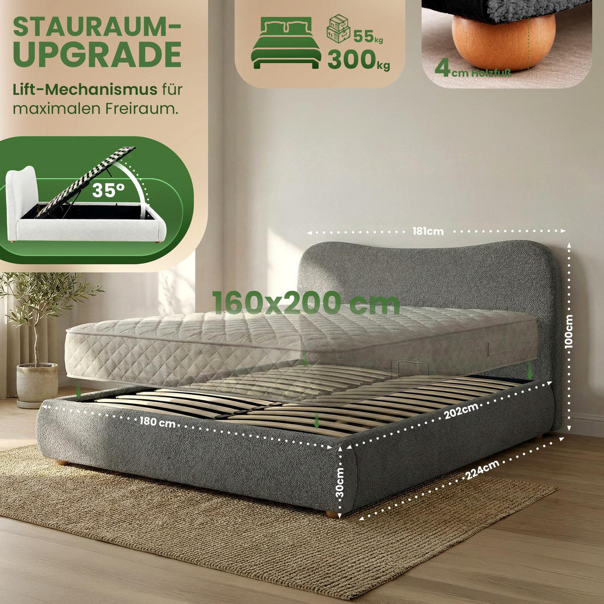 POLSTERBETT 160 cm/200 cm cm Stoff Dunkelgrau - Dunkelgrau, Textil (181/224cm) - CLP