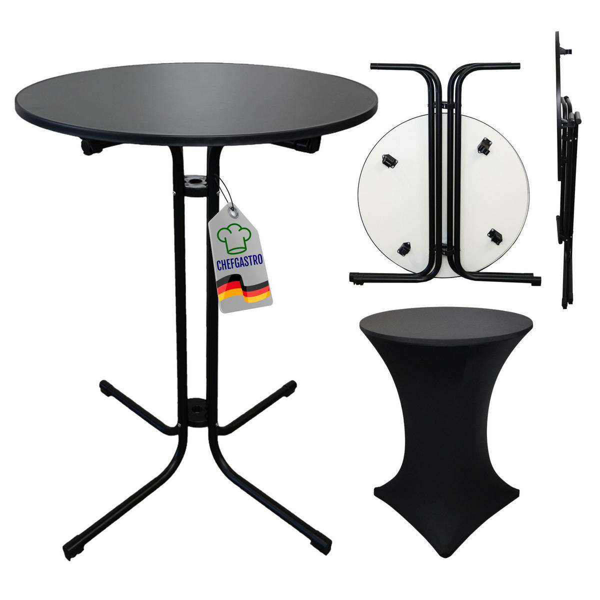 STEHTISCH mit Hussen klappbar HxØ 110x80cm MDF-Platte mit Edelstahlbeschichtung Schwarz - Schwarz, Metall (110/80/110cm) - CHEFGASTRO