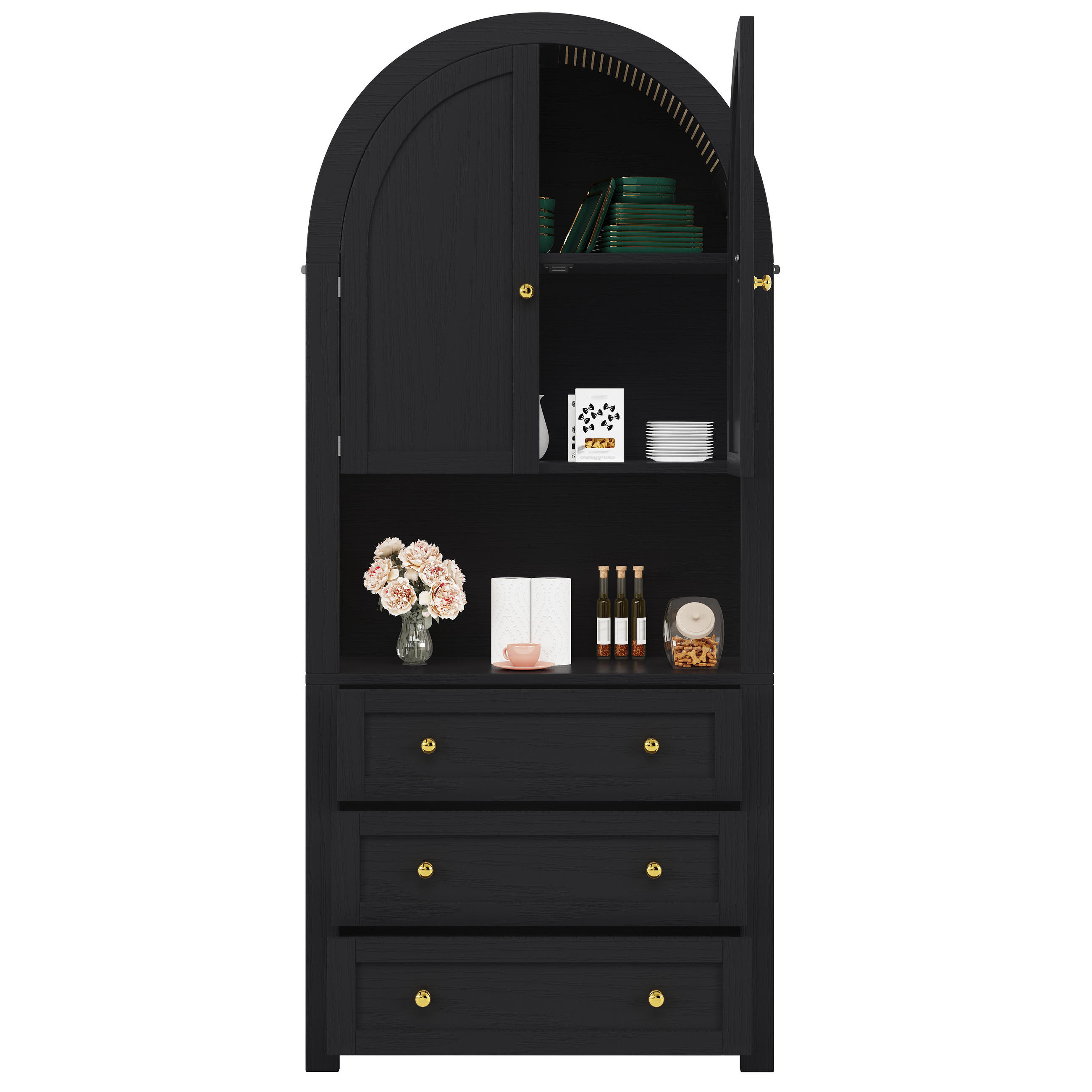 HOCHSCHRANK BOGEN Schubladen Türen Schwarz Regal - Schwarz, Holzwerkstoff (70/180/35cm) - FLIEKS