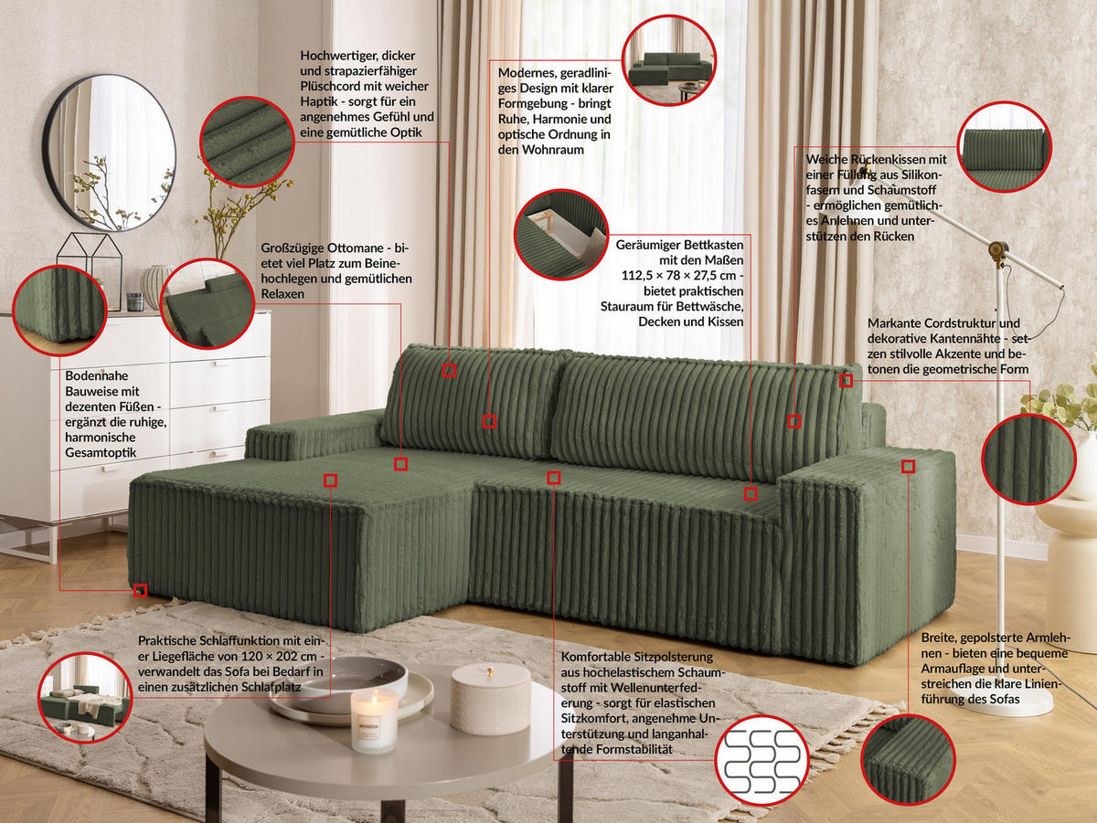ECKSOFA Rivio mit Schlaffunktion und Bettkasten, Plüschcord Grün - Schwarz/Grün, Holz/Kunststoff (149/262cm) - S-Style