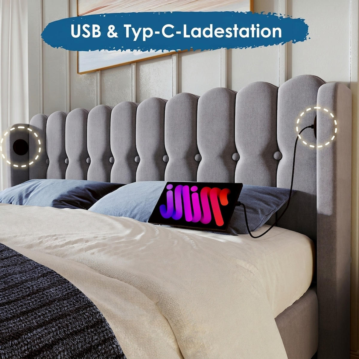POLSTERBETT 140/200 cm Grey mit USB Typ C Ladefunktion - Grau, Textil (140/200cm) - Oxeza
