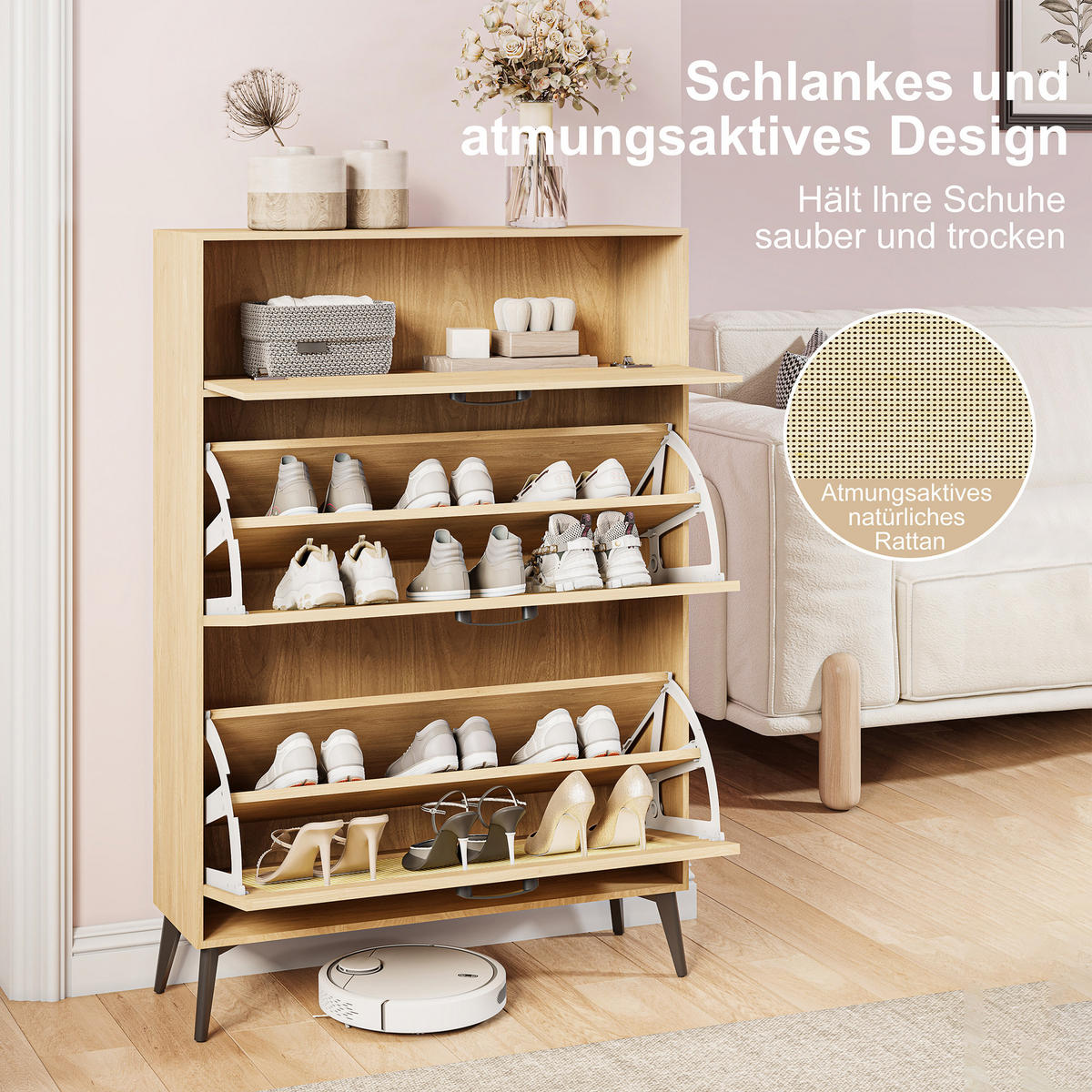 SCHUHSCHRANK, Aufbewahrungsschrank für 12 Paar Schuhe, kompakter Flurschrank aus MDF, 80 x 24 x 114 cm, helles Holz - Hellbraun/Schwarz, Holzwerkstoff/Metall (24/114/80cm) - GENKI LIVING