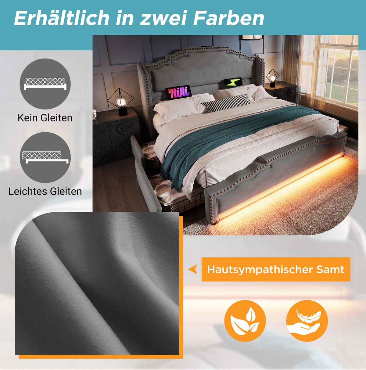 POLSTERBETT 180/200 cm mit 4 Schubladen, LED-Beleuchtung, USB-C und Lattenrost aus Samt, Grau - Grau, Textil (180/200cm) - Redom