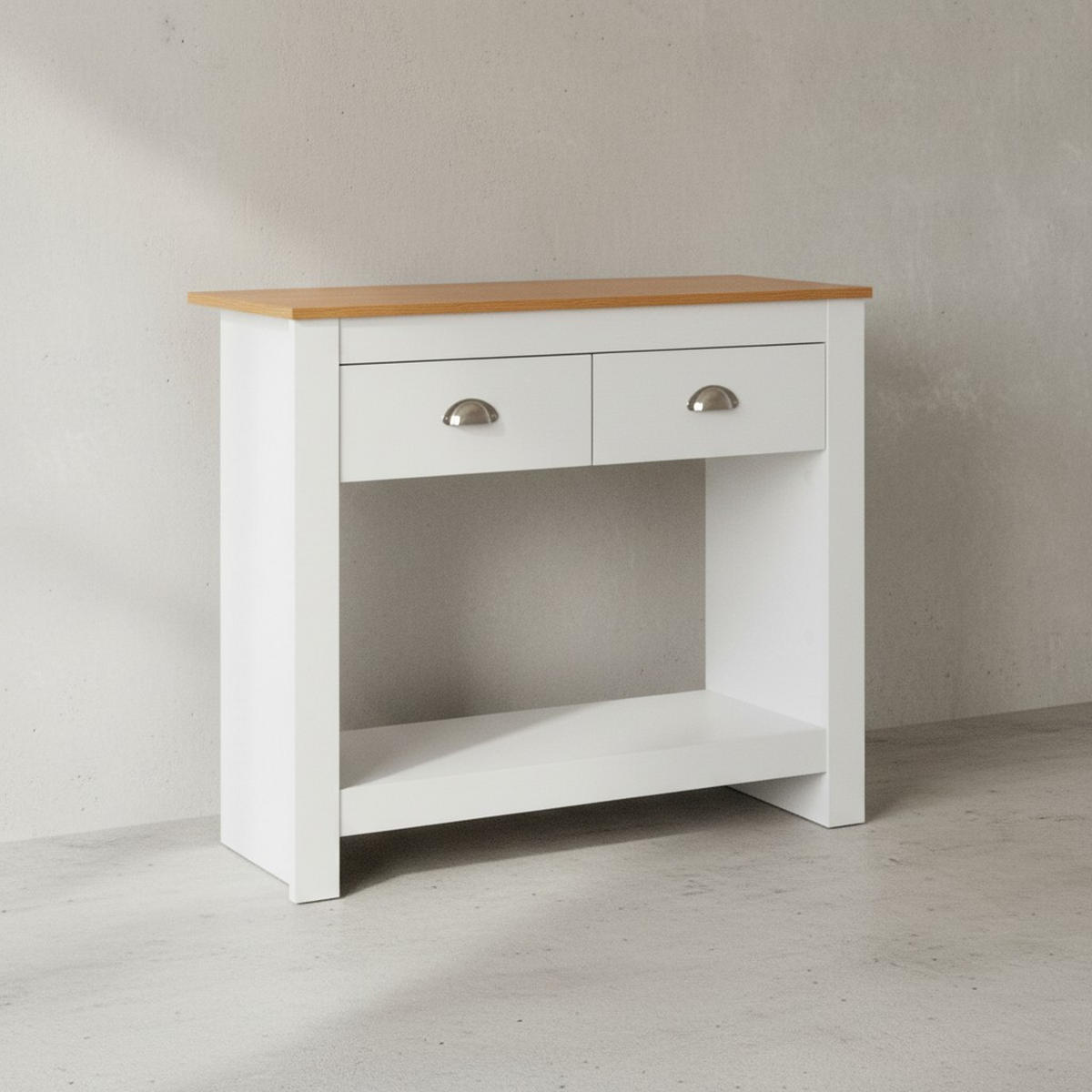 KONSOLENTISCH – Eiche-Weiß, 2 Schubladen, offenes Fach, melaminbeschichtet - Weiß, Holz/Metall (35/85/76cm) - KADIMA DESIGN