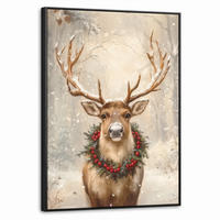 LEINWAND Bilder mit Rahmen - Weihnachten - Rentier - Winter - Kranz - 50x70 - Naturfarben, Textil (50/70cm) - MuchoWow