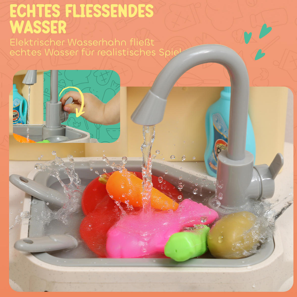 SPIELKÜCHE mit fließendem Wasser, 85-teiliges Zubehör, elektrischer Wasserhahn - Grün, Kunststoff (24/66cm) - AIYAPLAY
