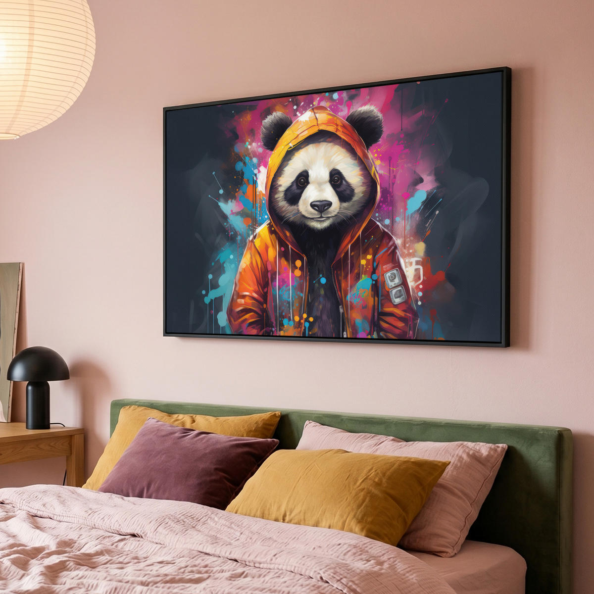 LEINWAND Bilder mit Rahmen - Panda - Jacke - Graffiti - Orange - 140x90 - Orange, Textil (140/90cm) - MuchoWow