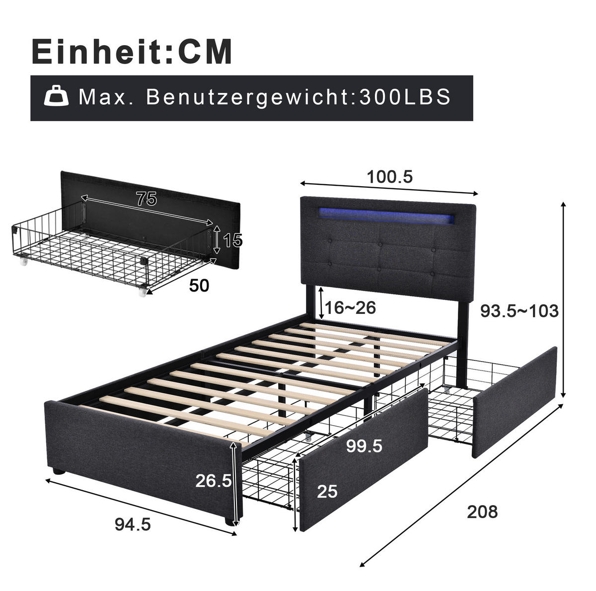 POLSTERBETT mit LED und 2 Schubladen 90x200 cm Leinen Grau inkl. Matratze - Grau, Metall (90/200cm) - Meubliv