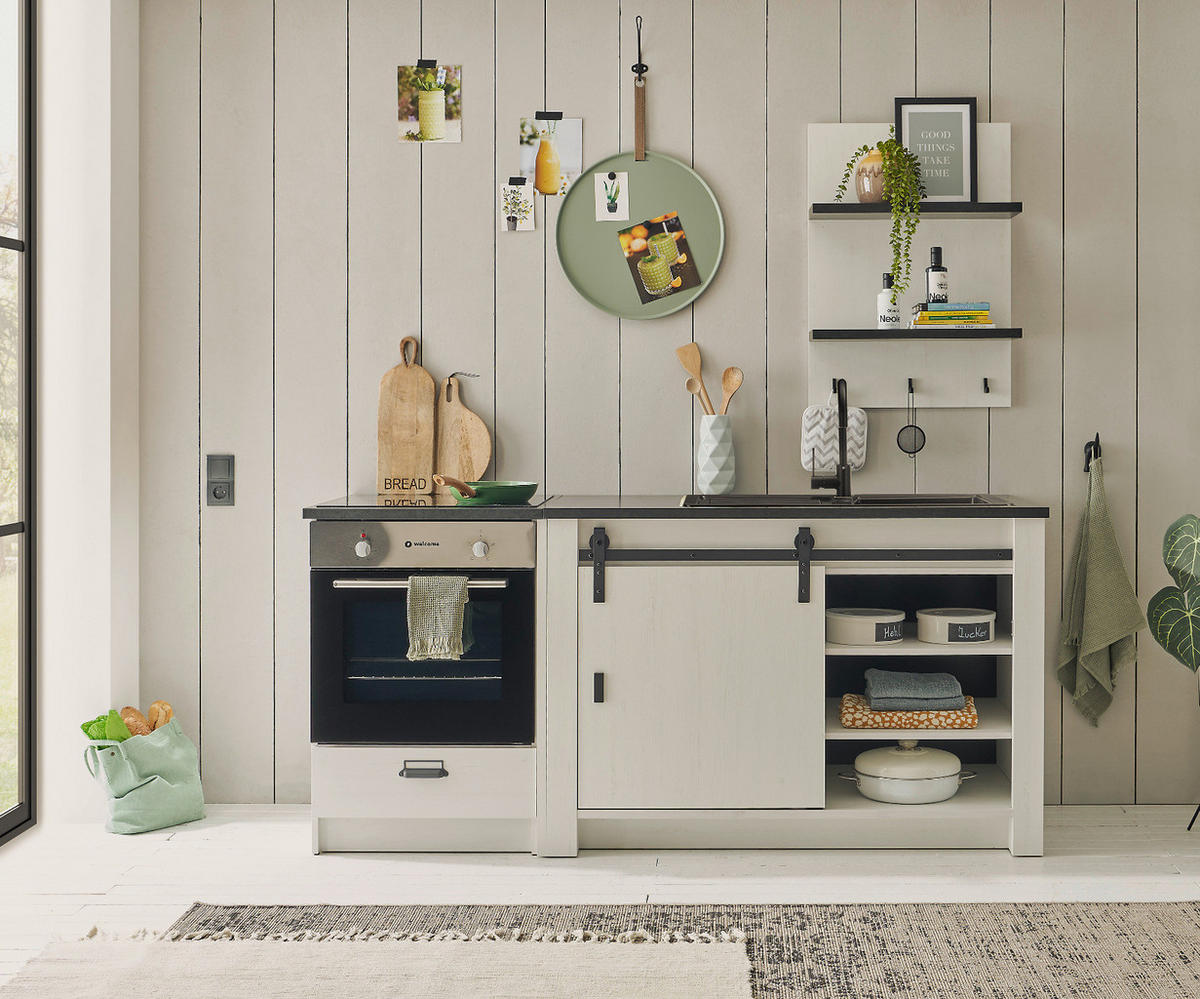 KÜCHEN-SET weiß Pinie, anthrazit 3-teilig 196 cm, Küchenschrank Set im Landhaus-Stil - Anthrazit/Schwarz, Holzwerkstoff/Metall (196/180/64cm) - Furn.Design