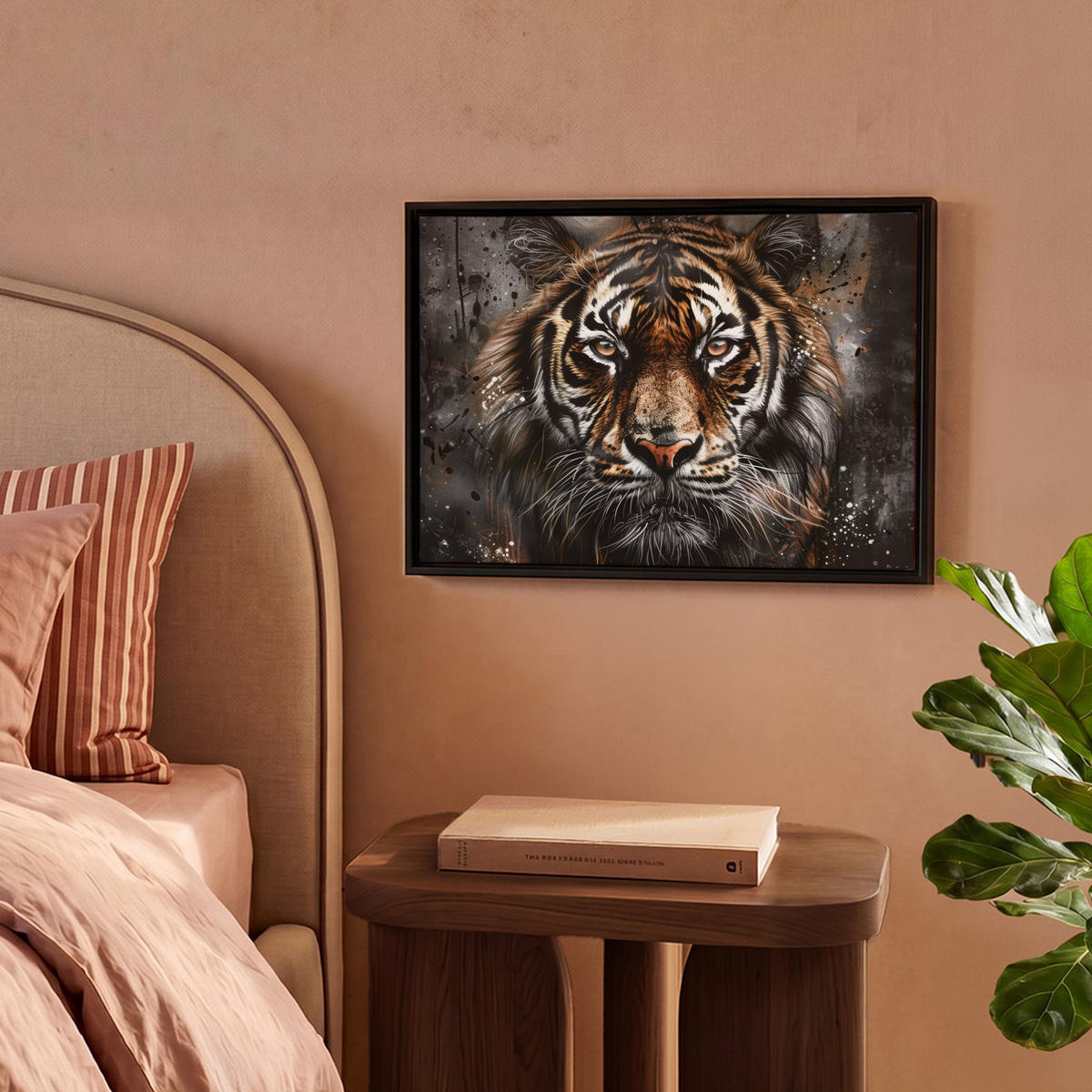 LEINWAND Bilder mit Rahmen - Tiger - Tiere - Porträt - Luxus - Schwarz - 40x30 - Braun, Textil (40/30cm) - MuchoWow