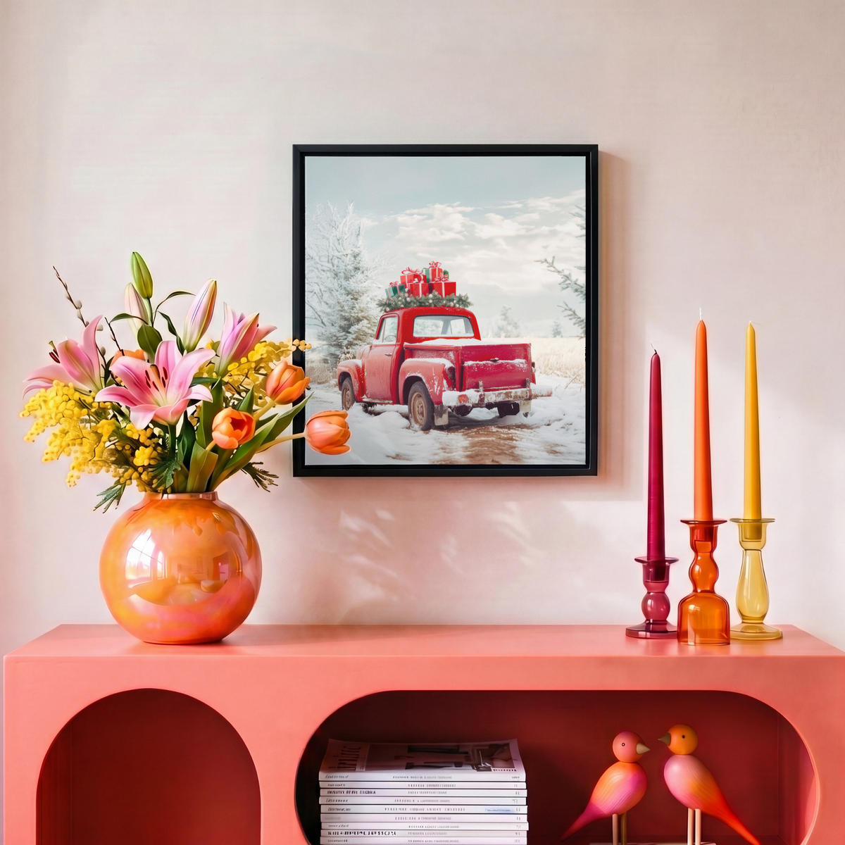 LEINWAND Bilder mit Rahmen - Auto - Rot - Geschenke - Winter - Schnee - Weihnachten - 20x20 - Rot, Textil (20/20cm) - MuchoWow