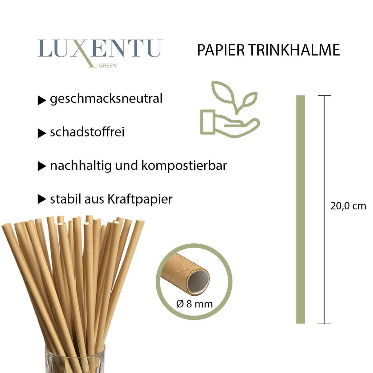 PAPIER-TRINKHALME Jumbo Natur 20 cm 100er Set - Naturfarben, Papier (0.8/25cm) - LUXENTU