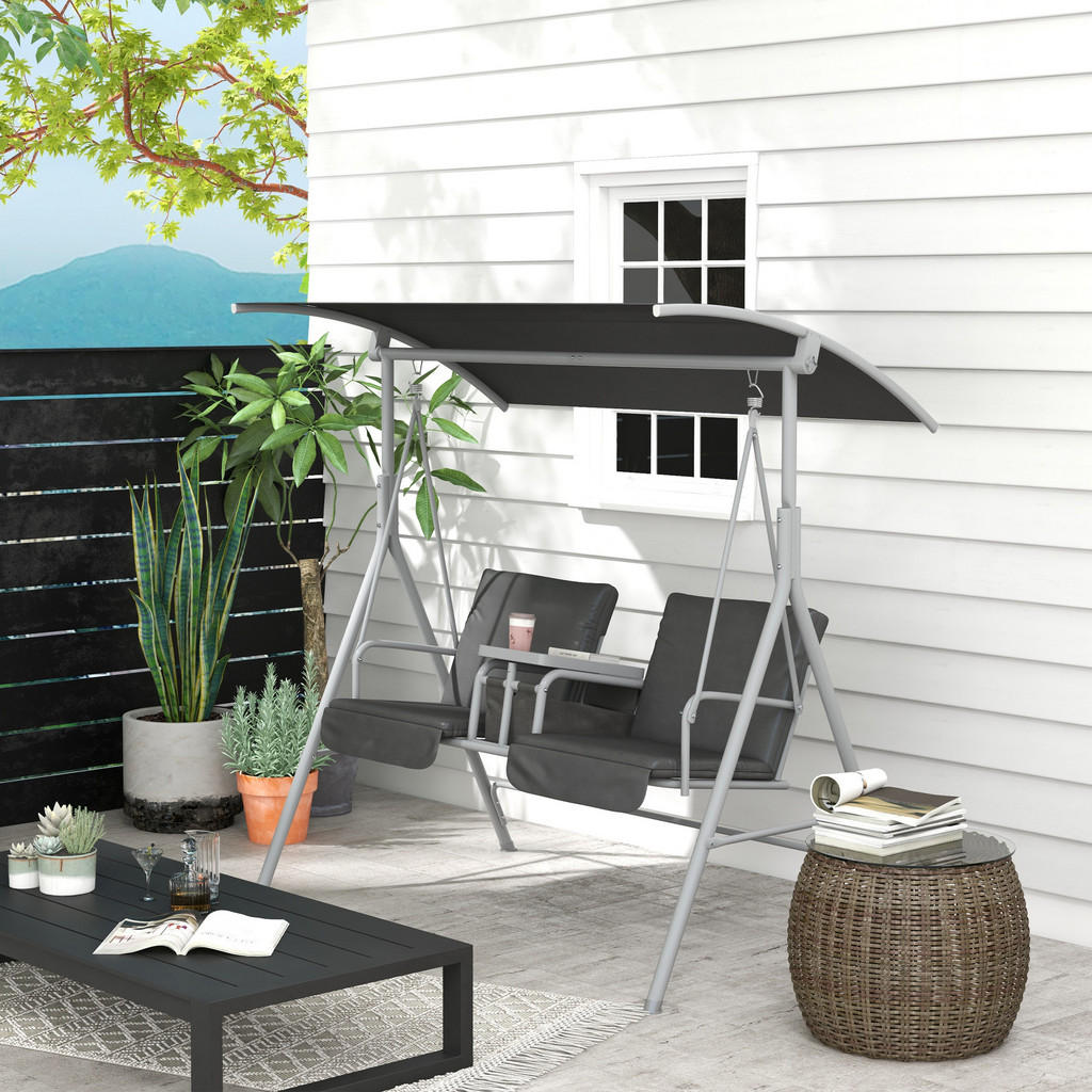 Thumbnail - Outsunny Hollywoodschaukel, Schwarz, Metall, 110x165x175 cm, Gartenmöbel, Gartenstühle, Liegestühle