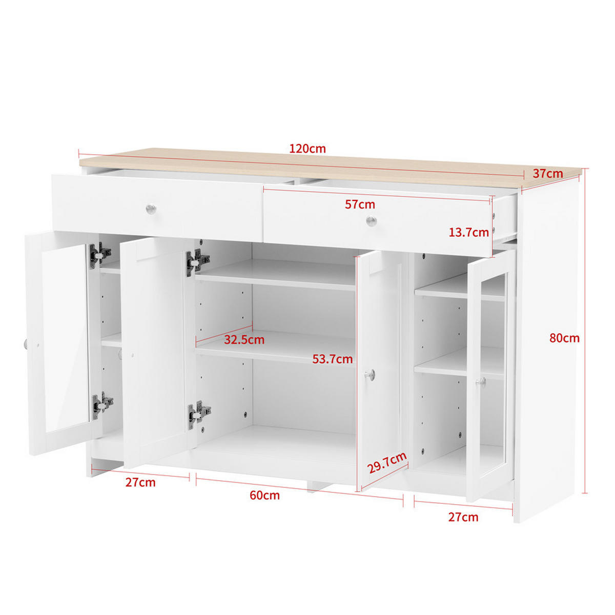 SIDEBOARD 120/80/37 cm Holz Weiß 4 Türen 2 Schubladen - Weiß, Holz (120/80/37cm) - Kaket