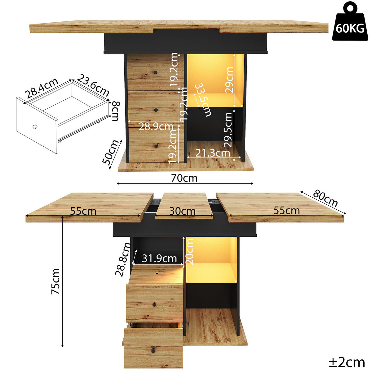 AUSZIEHTISCH 110-140/80/75 cm in Schwarz/Natur mit LED-Beleuchtung & Stauraum - Schwarz, Holzwerkstoff (110/80/75cm) - BEAOK