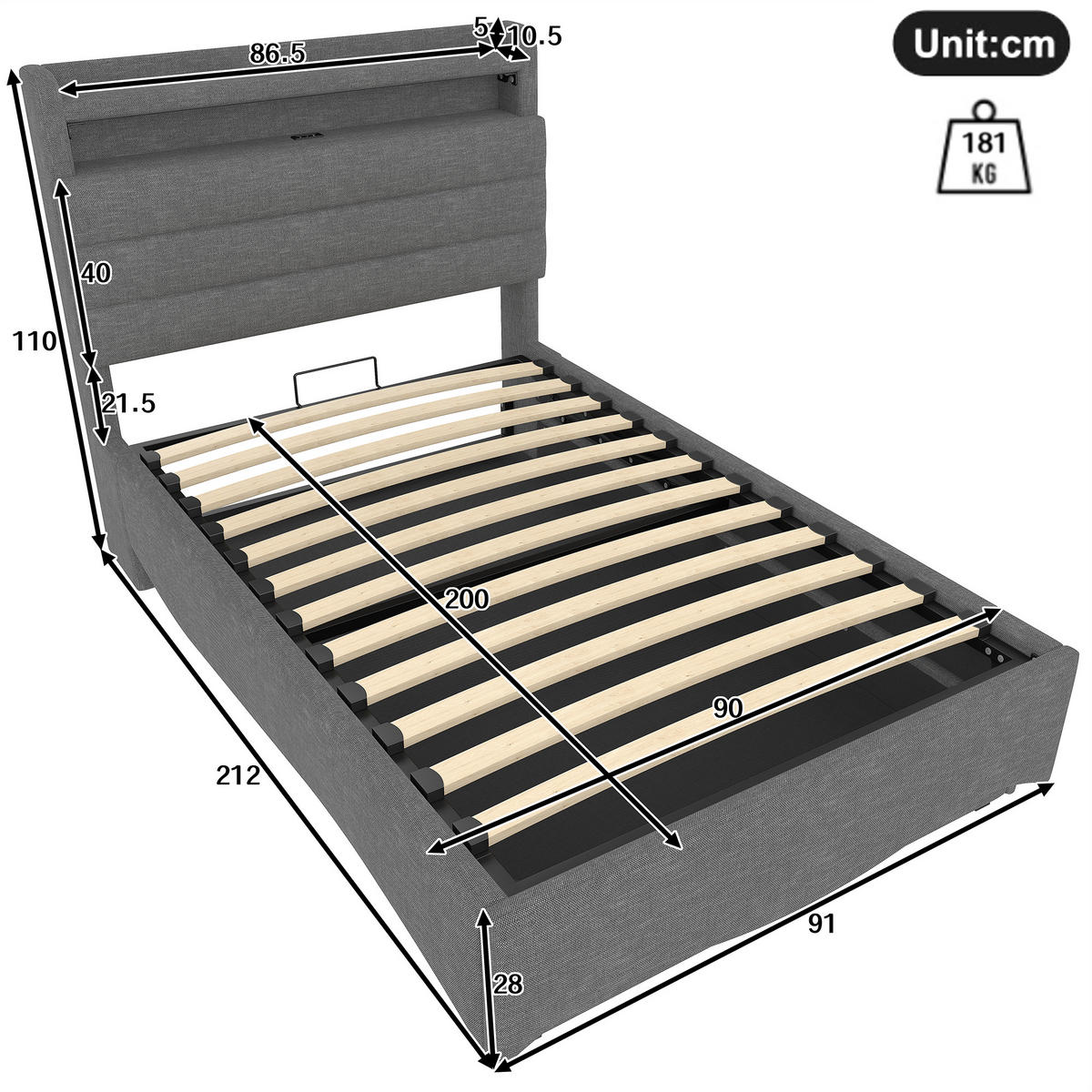 POLSTERBETT 90x200cm Grau LED Hydraulik USB Leinen - Grau, Holz (90/200cm) - FLIEKS