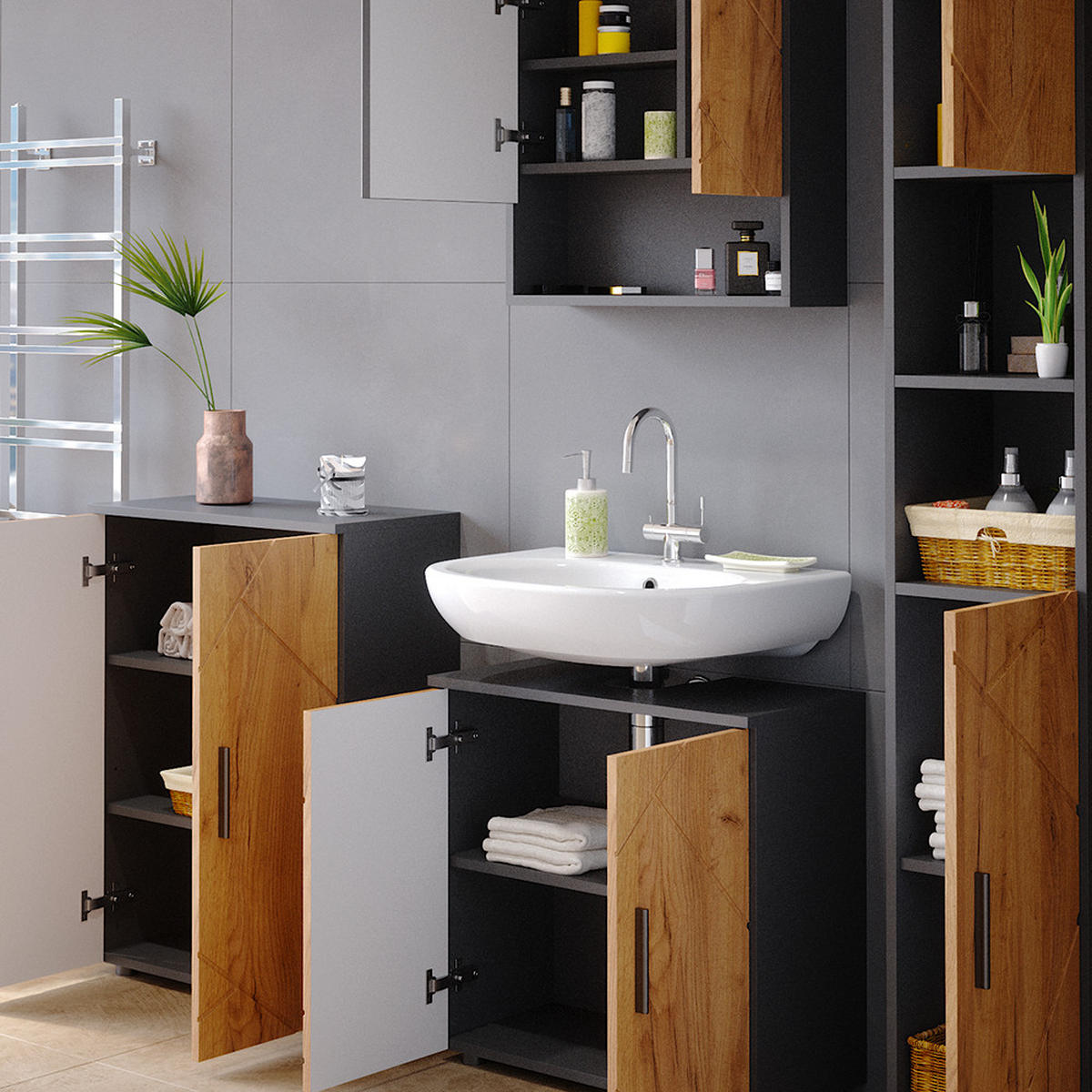 BADMÖBEL-SET Irma Goldkraft Eiche/Anthrazit 4 Teile mit Hochschrank und Kommode - Anthrazit/Eiche Wotan, Holzwerkstoff (80/58.6/41cm) - Vicco