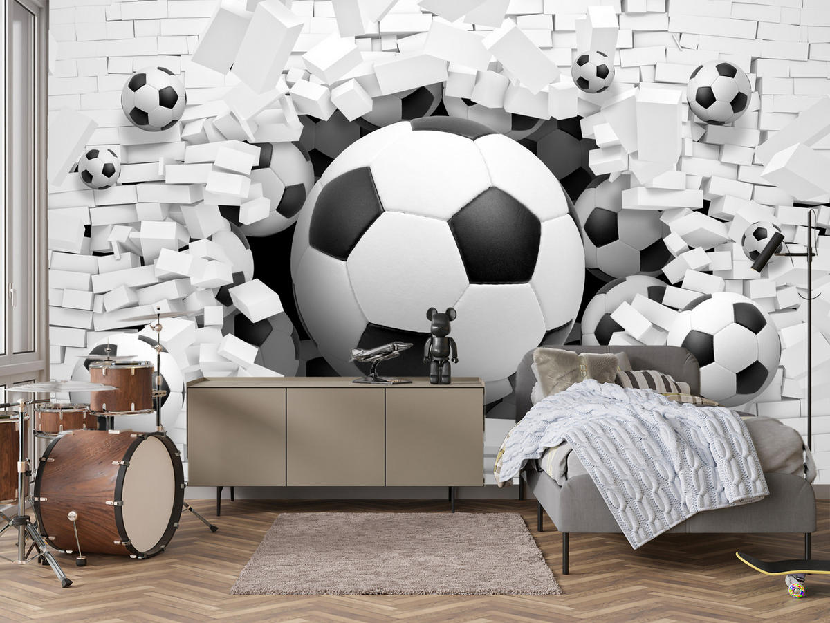 FOTOTAPETA Pre Študentskú Izbu Futbalové Lopty Biela Tehlová Stena Šport 200 x 140 cm - čierna/sivá, papier (200/140cm) - Muralo