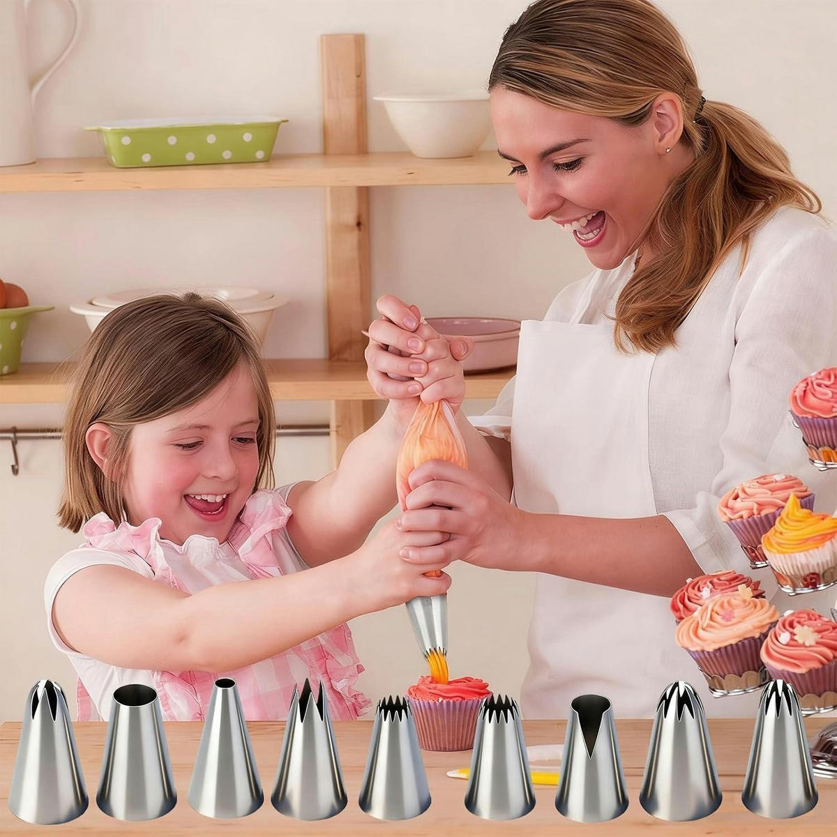 SPRITZTÜLLEN Set 10-teilig Edelstahl 304 für Kuchen und Cupcakes - Silberfarben, Metall (2.4/2.4/4.4cm)