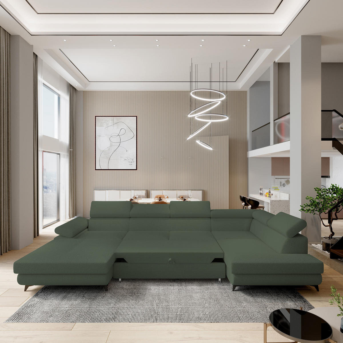 WOHNLANDSCHAFT RUBANO R-S Grün Boucle-Stoff mit Schlaffunktion - Grün, Holz (339/89/190cm) - MASSENO