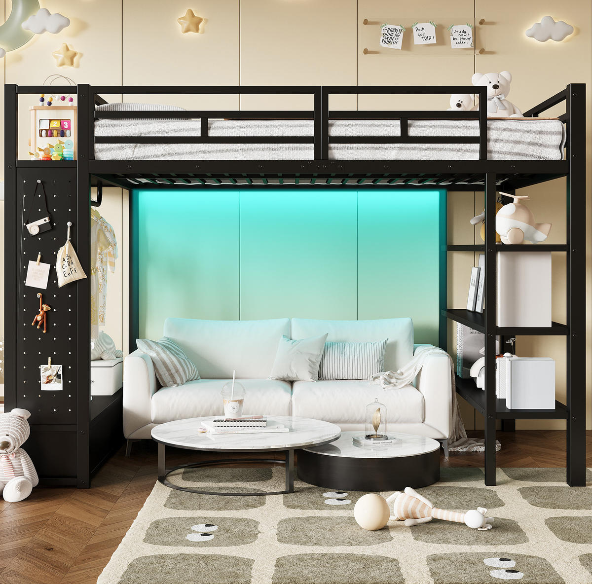 HOCHBETT aus Metall und MDF 140x200 cm Schwarz mit offenem Kleiderschrank und LED-Beleuchtung - Schwarz, Holzwerkstoff (140/200cm) - IVMEU