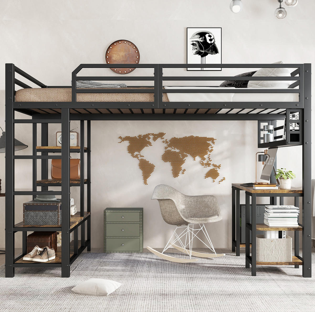 HOCHBETT 120/200 cm schwarz aus Metall und Holz mit Schreibtisch - Schwarz, Metall (120/200cm) - OKWISH