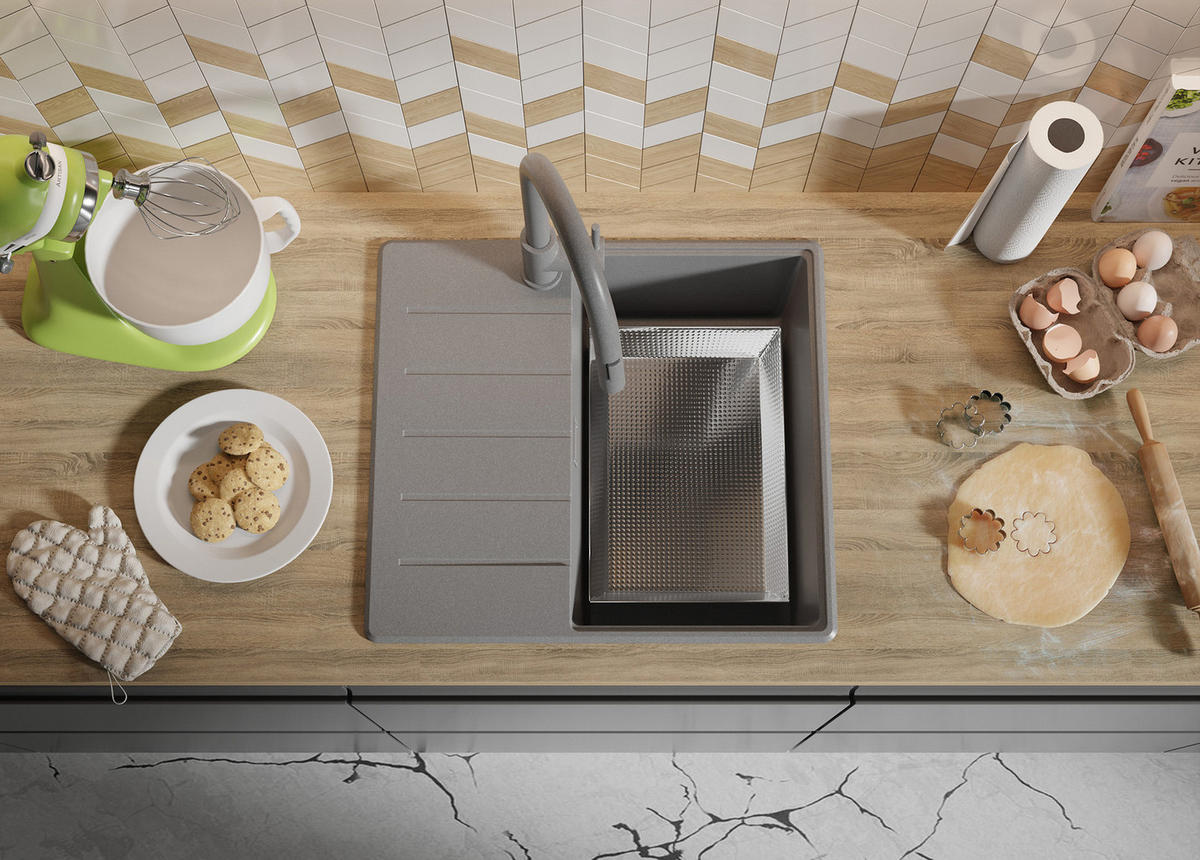 SPÜLBECKEN Kopenhagen, 2-er set Grau 55/50 cm 1 Becken + Ablauf-Set + Schneidebrett ab 40er Unterschrank - Chromfarben/Beige, Kunststoff (55/20/50cm) - Primagran