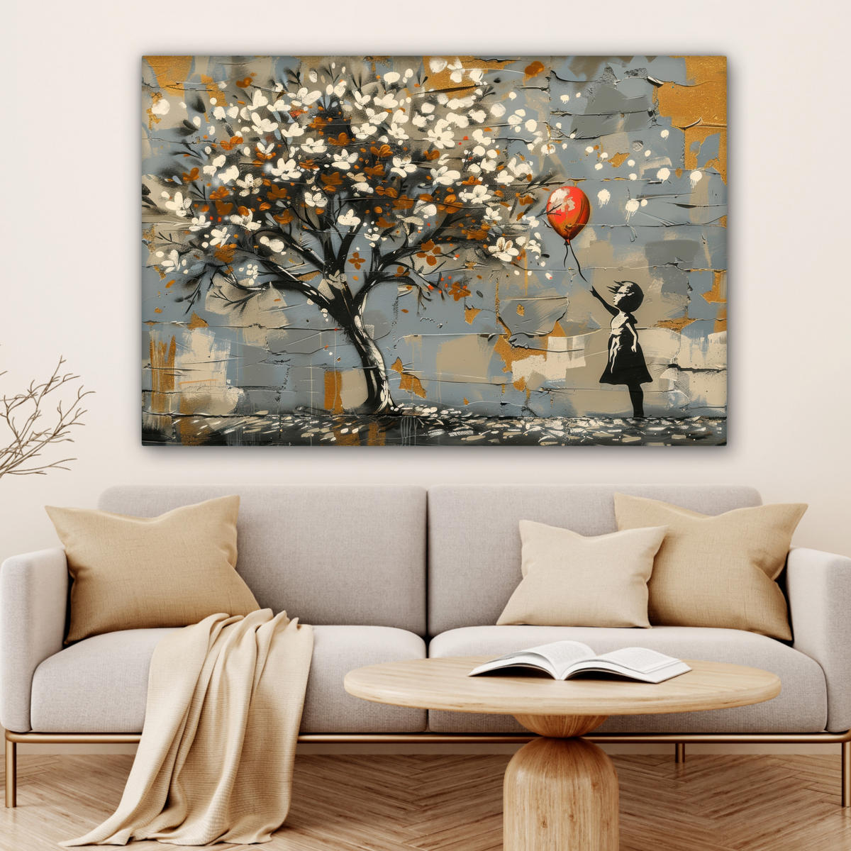 LEINWANDBILD Baum - Graffiti - Banksy-Stil - Ballon-Mädchen Wohnzimmer 120x80 cm - Blaugrau, Textil (120/80cm) - MuchoWow