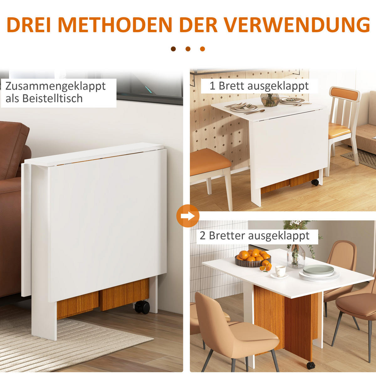KLAPPTISCH 120/80/73 cm, seitlich ausklappbar und mobil auf Rollen - Weiß, Holzwerkstoff (120/80/73cm) - BEAOK