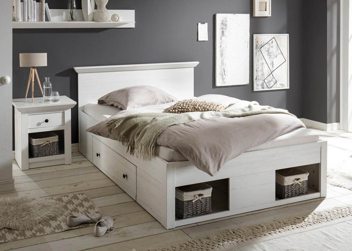 BETT Pinie weiß Liegefläche 140 x 200 cm, Stauraumbett mit Bettschubkasten - Schwarz/Weiß, Holzwerkstoff/Kunststoff (140/200cm) - Furn.Design