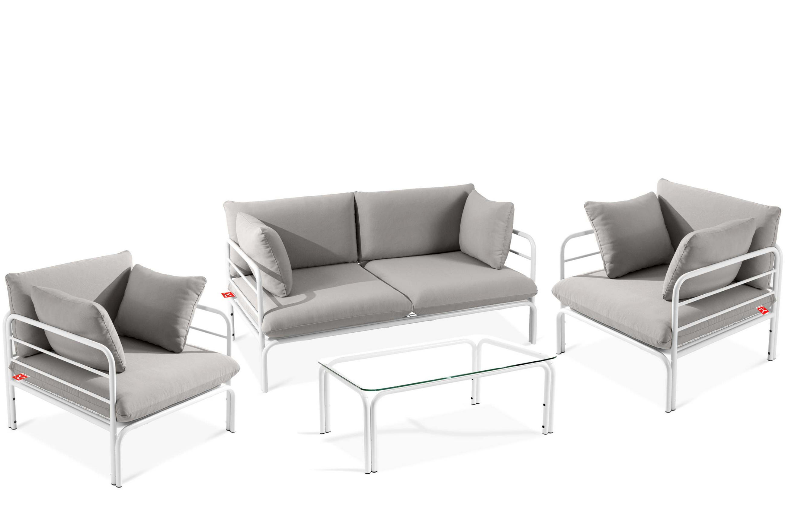GARTENMÖBELSET RAMBE 4-tlg. 1x Tisch 2x Sessel 1x Sofa 2-Sitzer, mit Kissen, LOFT-STIL, Weiß/Hellgrau - Hellgrau/Weiß, Textil/Metall - KONSIMO®