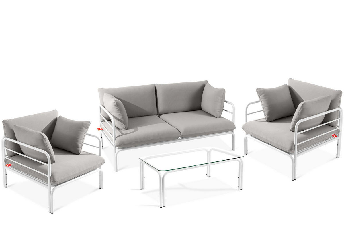 GARTENMÖBELSET RAMBE 4-tlg. 1x Tisch 2x Sessel 1x Sofa 2-Sitzer, mit Kissen, LOFT-STIL, Weiß/Hellgrau - Hellgrau/Weiß, Textil/Metall - KONSIMO®