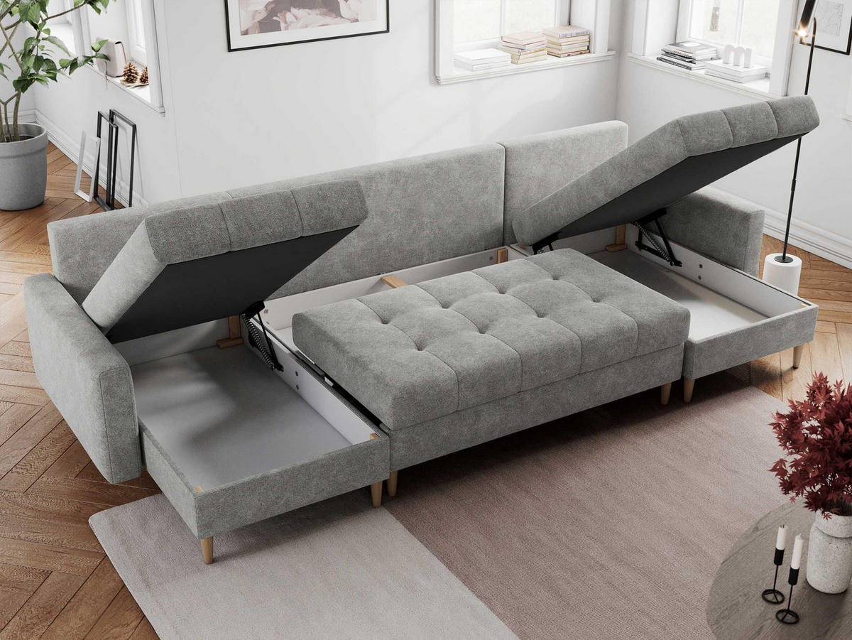 WOHNLANDSCHAFT Colin U Struktur Hellgrau - Hellgrau/Braun, Holz/Textil (290/75/140cm) - MKS
