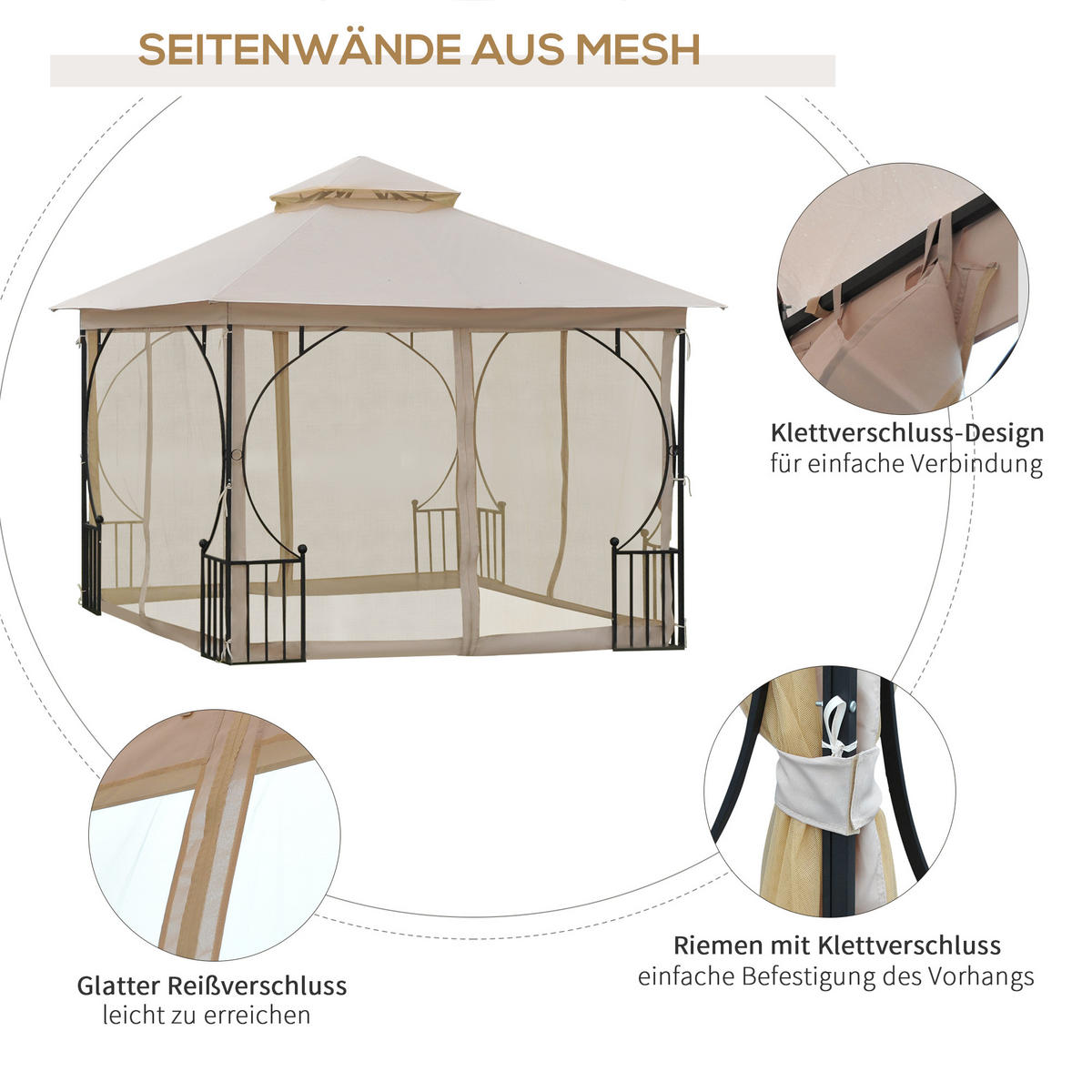 PAVILLON, Beige+Schwarz, Metall, Polyester, Moskitonetz - Beige, Metall (295/275/295cm) - Outsunny
