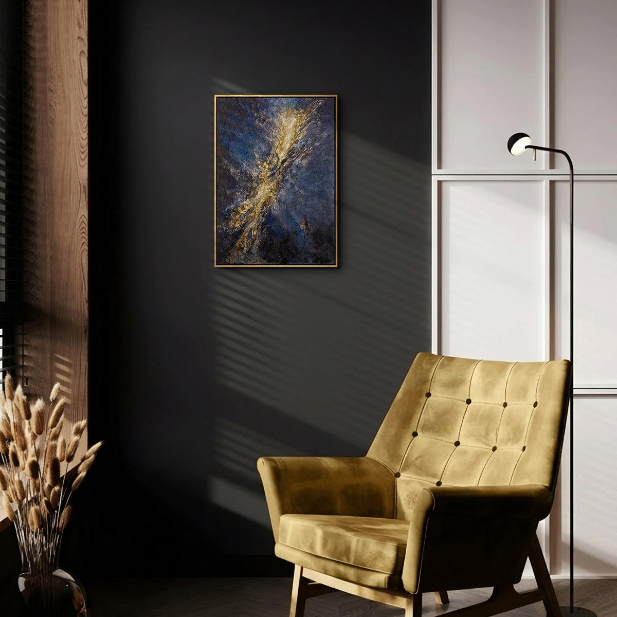 GEMÄLDE Energie des Lichts Schattenfugenrahmen Schwarz-Gold 70x50 cm - Schwarz Hochglanz, Holz (70/50cm) - YS-art gallery