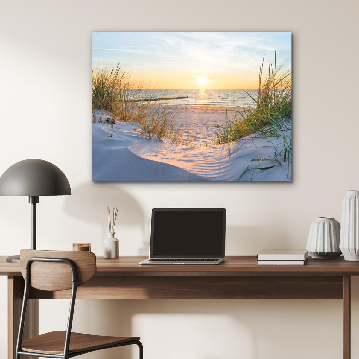 KOVOVÝ OBRAZ Pláž - Slnko - Duny - Tráva - Piesok - Horizont 80x60 cm - svetlomodrá, kov (80/60cm) - MuchoWow