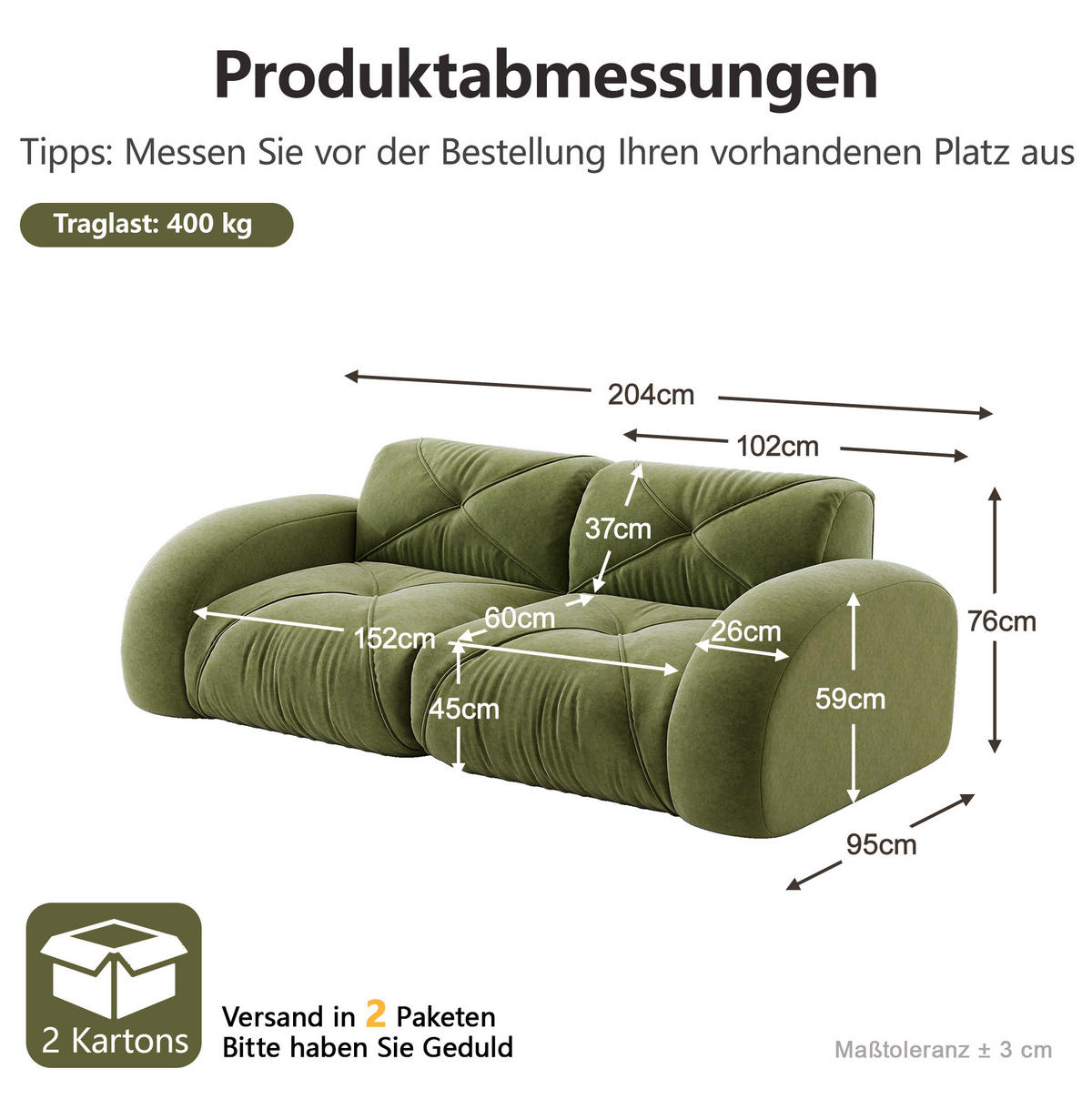 SOFA 204/95/76 cm in Grün aus Chenille - Grün, Textil (95/76/204cm) - Flora Grace