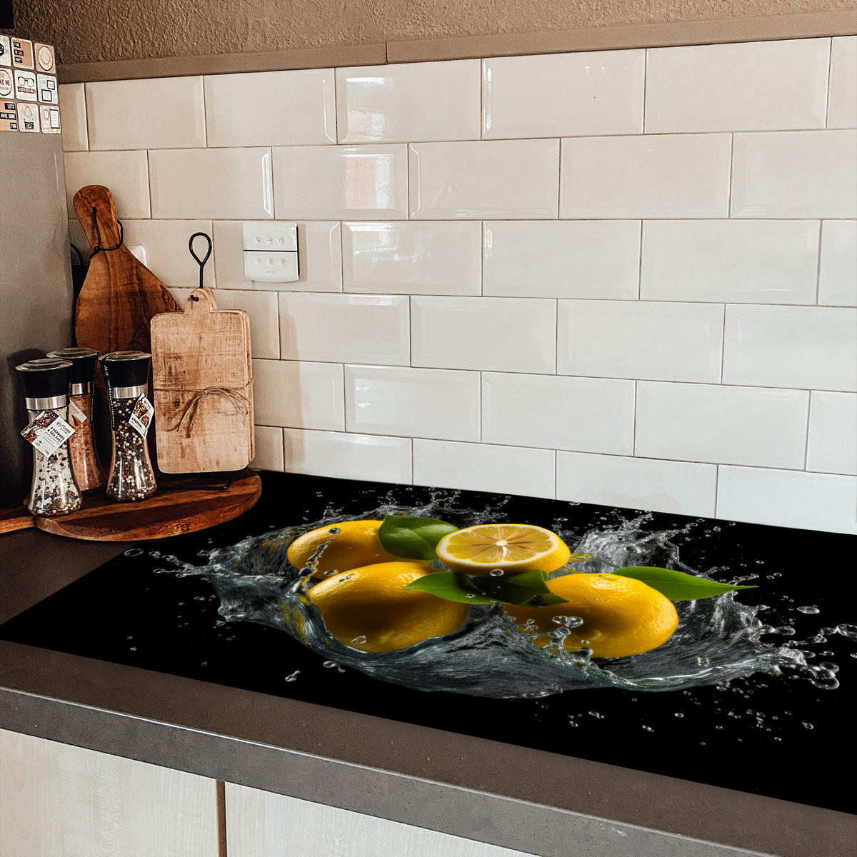 HERDABDECKPLATTE Zitrone - Obst - Gelb - Schwarz 91x52 cm - Gelb, Kunststoff (91.6/52.7/0.2cm) - MuchoWow