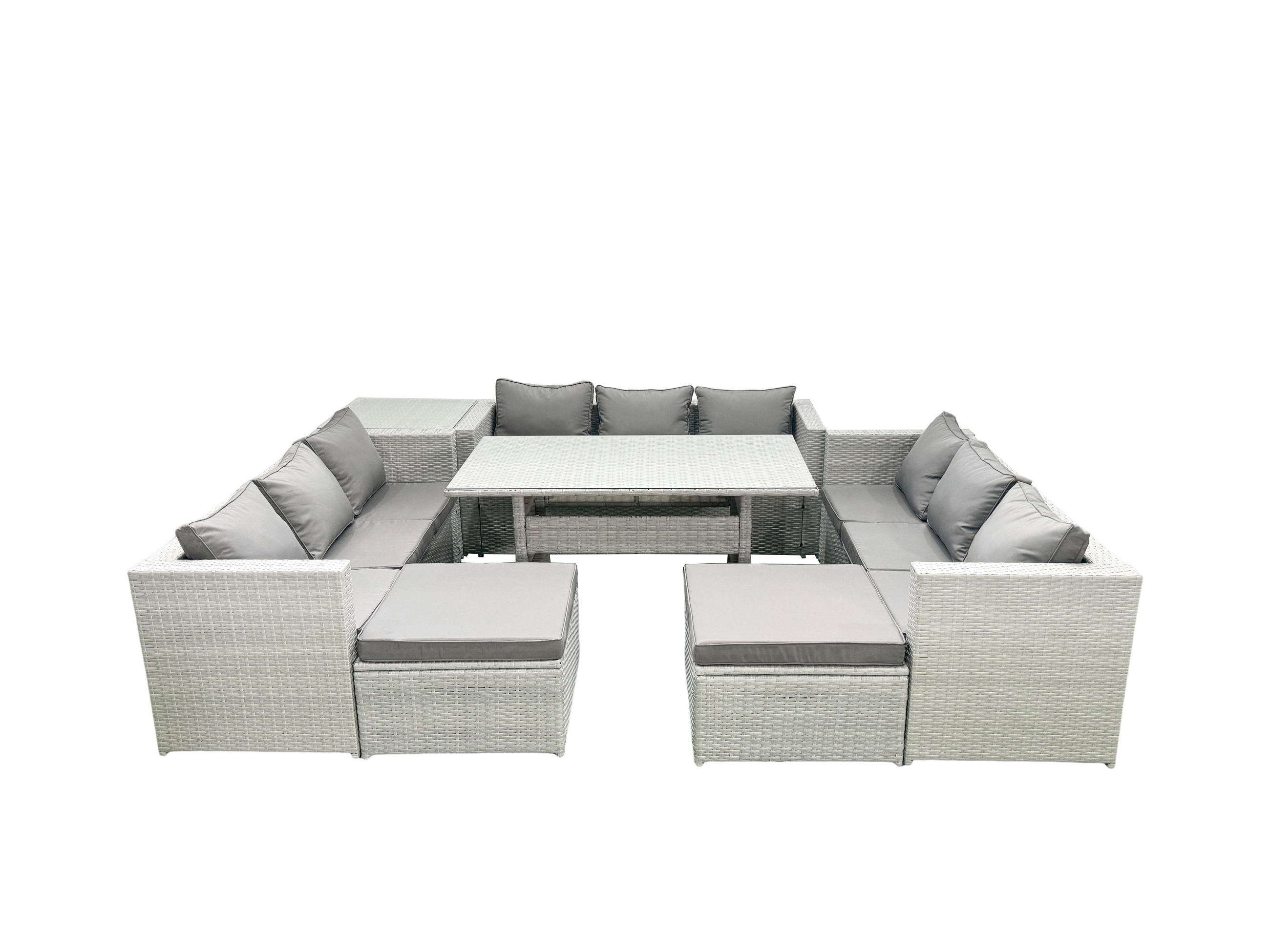 GARTENSET mit Esstisch,Sofa ,Beistelltisch,2 Großer Fußhocker Polyrattan Hellgrau 11-Sitzer - Hellgrau/Grau, Glas/Kunststoff - Fimous